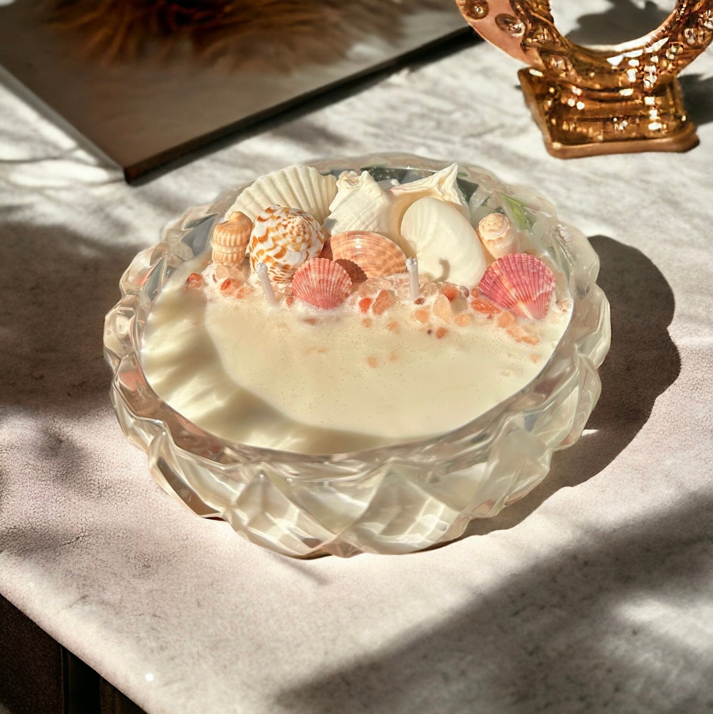 Vintage Glass Seashell Soy Candle| Brazilian BUM BUM Island Scented| Pink & White| Reusable| Beach Decor Boho| Tropical Coconut Girl Gift